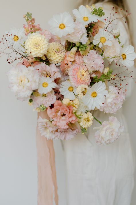 Light Pink Bridal Bouquet with local MN lisianthus, cosmos, zinnias, and dahlias Cosmos Wedding Bouquet, Light Pink Bridal Bouquet, Cosmos Wedding, Zinnia Bouquet, Dahlia Wedding Bouquets, Light Pink Bridesmaids, Pink Bridal Bouquet, Dahlias Wedding, Peach Bouquet