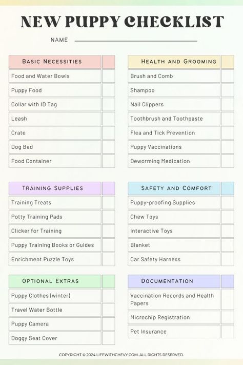 Free New Puppy Checklist Printable! Dog Essentials Products, Puppy Feeding Schedule, Dog Bucket List, Puppy Essentials, Puppy List, New Puppy Checklist, Puppy Checklist, Service Dogs Gear, Puppy Mom