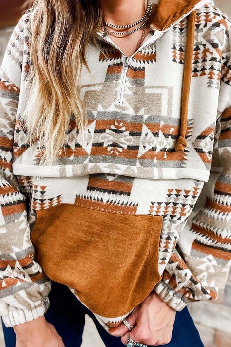 Aztec Hoodie, Bohemian Sweater, Half Zip Hoodie, Loose Top, Bottoming Shirt, Aztec Pattern, Country Outfits, Drawstring Hoodie, Casual Fit