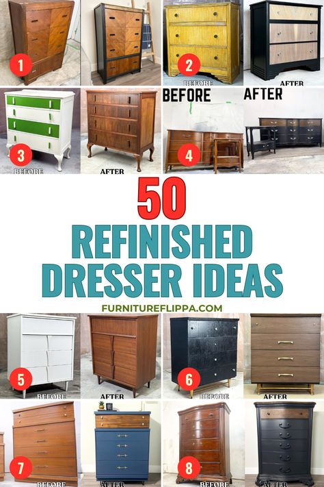 Looking for some DIY inspiration? Our list of 50 refinished dressers will inspire you for your next furniture project. Our list of dresser ideas make your furniture flipping journey that much easier. Thrifted Bedroom Furniture, Refinished White Dresser, Furniture Flipping Inspiration, Popular Furniture Trends, Tall Boy Dresser Makeover, Dresser Refinishing Ideas, Painted Dressers Ideas, Dresser Makeover Diy Repurposing, Repainting Dresser