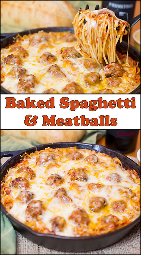 Baked Spaghetti & Meatballs from www.joyineveryseason.com. Top your regular spaghetti & meatballs with lots of cheese and bake until hot and bubbly. Baked Spaghetti & Meatballs | baked spaghetti | baked spaghetti and meatballs | spaghetti & meatballs | pasta | meatballs | comfort food Baked Spaghetti Meatballs, Baked Spaghetti And Meatballs, Resep Pasta, Spaghetti Meatballs, Skillet Dinners, Comfort Food Southern, Comfort Food Recipes Dinners, Baked Spaghetti, Easy Comfort Food