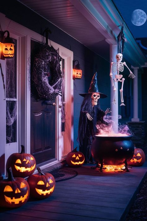 22 Halloween Front Porch Decor Ideas 2024 Halloween Porch Lights, Porche Halloween, Haloween Decor, Halloween Yard Art, Front Porch Decor Ideas, Halloween Outside, Halloween Decor Ideas, Halloween Front Porch Decor, Scary Decorations