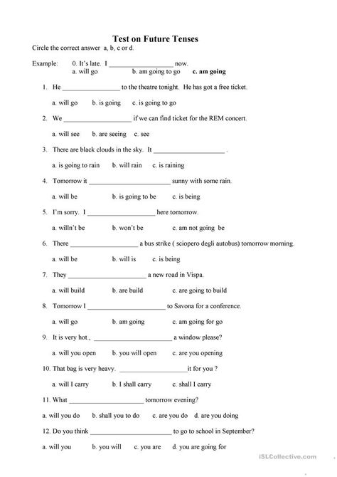 Future tenses: multiple choice - English ESL Worksheets for distance learning and physical classrooms Tenses Exercises, English Grammar Test, All Tenses, Tenses Grammar, Tenses English, Multiple Choice Test, English Grammar For Kids, Worksheets For Grade 3, Simple Past Tense