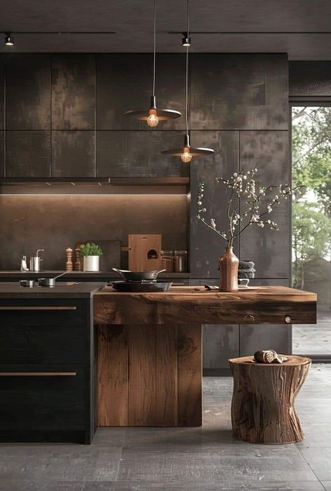 Black White And Wood Kitchen, Dark Kitchen Aesthetic, Japandi Industrial, Industrial Japandi, Wabi Sabi Home Interior Design, Modern Japanese Kitchen, Chefs Kitchen Design, Kitchen Lamp, Wooden Interior