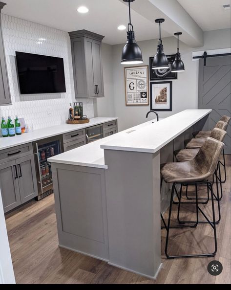 Finished Basement Bars, Brighten Up A Basement, Gray Basement, Basement Bar Plans, Basement Kitchenette, Small Basement Remodel, Basement Remodel Diy, Basement Inspiration, Basement Bar Designs