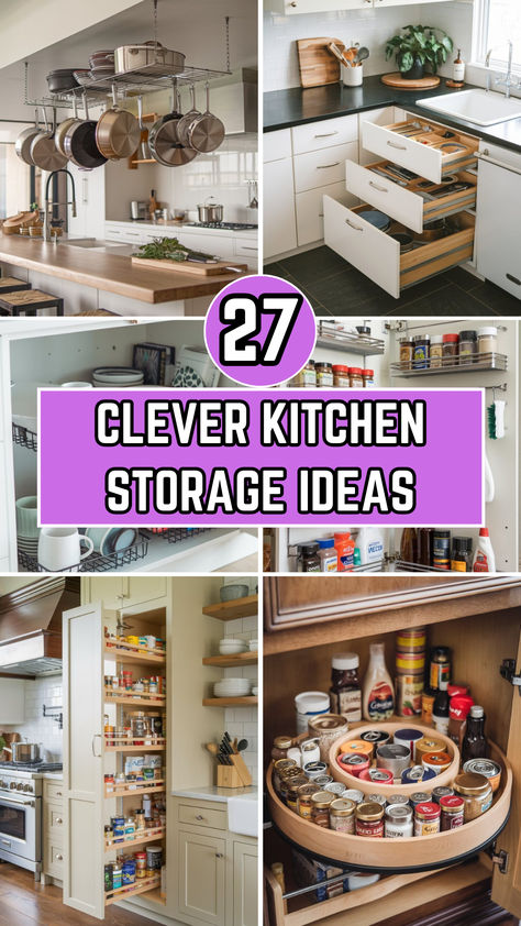 Discover 27 clever kitchen storage ideas to help you organize your space with style. From hidden shelves to smart cabinet hacks, these tips are perfect for maximizing every inch of your kitchen! Storage Ideas For Cabinets, Storage Ideas For Big Items, Kitchen Cabinet Alternatives Diy, Storage Ideas For Kitchen Appliances, Kitchen Organization Ideas Cabinets Organizing Storage Solutions, Kitchen Countertop Storage Ideas, Clever Kitchen Storage Space Saving, Microwave Organization, Creative Kitchen Storage Ideas