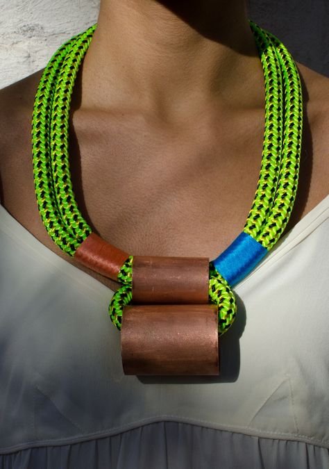 Neon Climbing Rope Ladder Necklace; I could make this...and then wear it with all black Ganesh Jewellery, Jewellery Organizer, Rope Ladder, Rope Jewelry, Fiber Jewelry, Climbing Rope, Textile Jewelry, African Jewelry, Rope Necklace