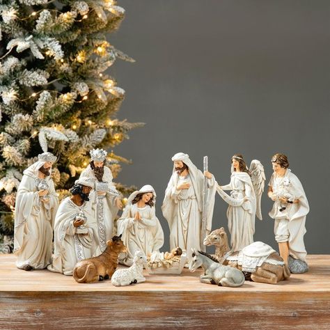 Nativity Figurine Set Christmas Nativity Scene Display, Nativity Scene Display, Willow Tree Nativity, Three Kings Gifts, Nativity Of Jesus, Shelf Arrangement, Christmas Nativity Set, Stone Powder, Christmas Mantle Decor