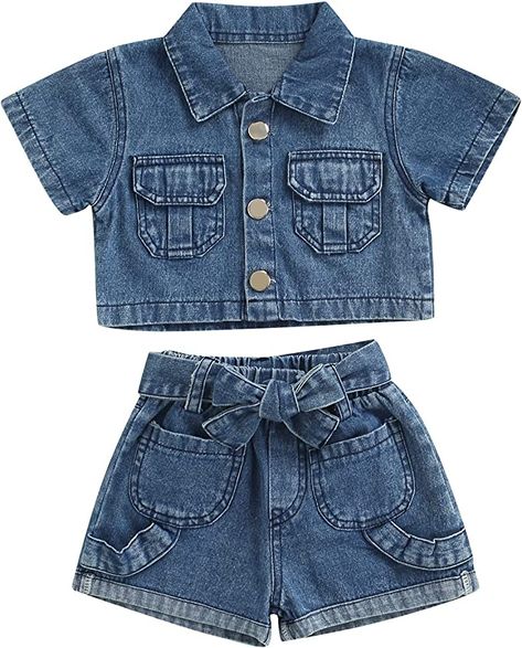 Toddler Baby Girls Denim Outfits Short Sleeve Crop Top Lapel Collar Solid Color Kids Casual Shorts Summer Clothes Set Jacket Crop, Crop Top Shorts, Shorts With Belt, Kids Summer Fashion, Short Sleeve Jacket, Denim Clothing, Belted Shorts, Girls Summer Outfits, Crop Top And Shorts