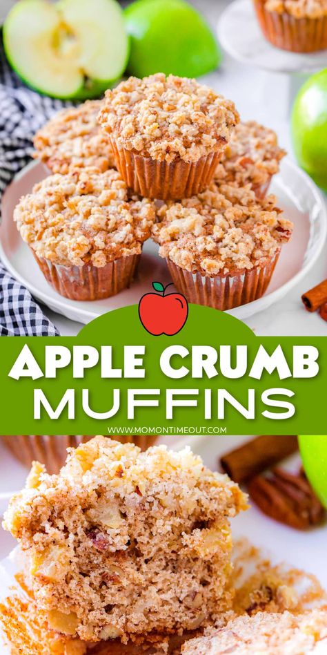 Homemade Apple Muffins are a fall staple and they couldn't be easier or more delicious! This fantastic apple muffin recipe is perfectly spiced with chunks of apple throughout and topped with a sugar pecan crumb topping! Divine! Make these muffins for your next holiday brunch or fall breakfast! // Mom On Timeout #applemuffins #muffins #applerecipes #baking #apple #breakfast Muffins Chocolate Chip, Apple Crumb Muffins, Apple Cinnamon Muffins Recipe, Apple Crumble Muffins, Easy Apple Crumble, Crumble Muffins, Weight Watcher Desserts, Apple Muffin Recipes, Crumb Muffins