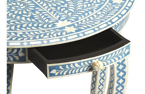 Rhodes Bone-Inlay Console, Blue/White | One Kings Lane Blue Console Table, Bone Inlay Side Table, White Console Table, Entry Furniture, Bone Inlay Furniture, Console Furniture, Hallway Console, Inlay Furniture, Console Table Hallway