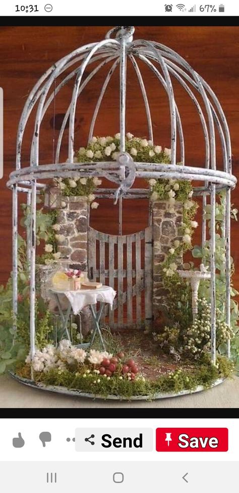 Fairy Garden Design Ideas, Diy Fairy Garden, Fairy Garden Crafts, Fairy Garden Designs, Bird Cage Decor, Faeries Gardens, Mini Fairy Garden, Diy Gardening, Fairy Garden Houses