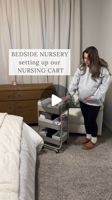 Jade on Instagram: "setting up my bedside nursing cart for our simple bedside nursery setup 🌙   comment “cart” for these baby favorites to be sent your way! This bedside cart helps so much in those first few weeks home as a c section mom! Having everything I need next to me in the middle of the night really helps my recovery. I try and keep my nursing cart simple and minimal so it doesn’t become a cluttered mess.  I do diapers, wipes, and baby essentials on the first tier. The second tier is dedicated to my pumping and nursing supplies, and the third tier is where I keep snacks, drinks, and a few extra outfits and swaddles for baby.   #babyprep #babyprepping #nesting #nestwithme #babymusthaves #babymusthave #babyfavorites #expectingmom #expectingmama #expectingmoms #twoundertwo #pregnancy Baby Cart Ideas, Bedside Newborn Station, Bedside Cart For Baby, Nursing Cart Organizer, Bedside Cart, Cosleeping Bedroom, Simple Baby Nursery, Nursing Cart, Nursing Carts