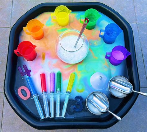 Rainbow Water 🌈 - Water play - Colour mixing - Creative play - Number recognition 🌈 The base is water and white paint 🌈 I then added a little of each coloured water to the base to create a rainbow effect 🌈 Coloured jugs and rainbow numbers from @tickit_education ⭐️ Follow for more water play activities #tufftray #tufftrayideas #tufftrayactivities #tufftrayplay #tufftrayfun #tuffspot #tuffspotideas #playtray #playtrayideas #playtrayactivities #waterplay #messyplay #sensoryplay #number... Nursery Water Tray Ideas, Rainbow Fish Tuff Tray Ideas, Outside Water Play, Nursery Rhymes Messy Play, Rainbow Messy Play, Fine Motor Tuff Tray, Inspire My Play, Water Tray Activities, Rainbow Tuff Tray