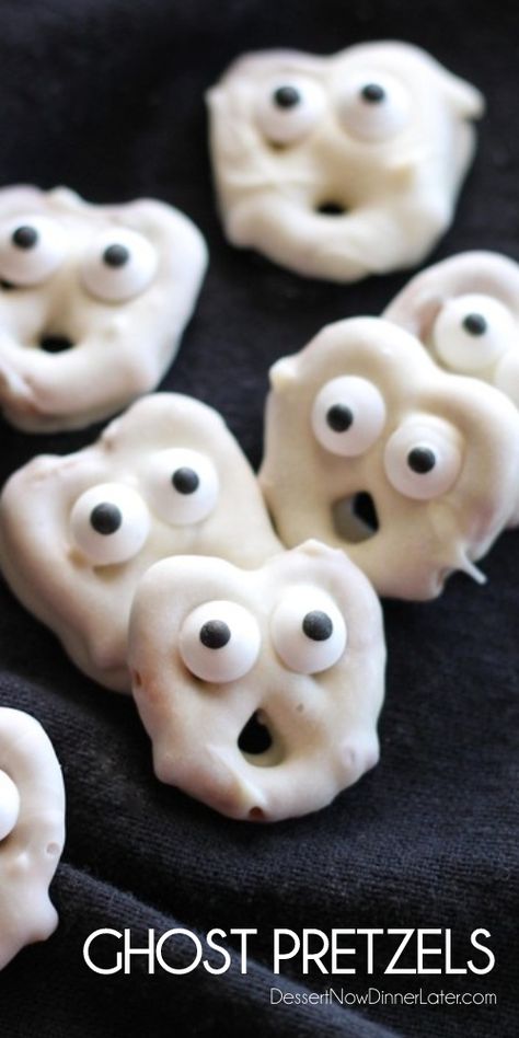 White Chocolate Dipped Pretzels, Ghost Pretzels, Halloween Food Ideas For Kids, Snack Halloween, Food Ideas For Kids, Easy Halloween Cookies, Halloween Food Ideas, Kids Halloween Food, Halloween Cookie Recipes