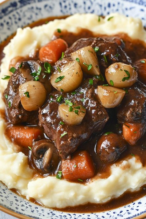 Gluten Free Beef Bourguignon, French Short Ribs, Weston A Price Meals, Fancy French Dinner Recipes, Beef Bourguignon Stovetop, Boeuf Bourguignon Recipe, Lamb Bourguignon, European Dinner Recipes, French Main Course