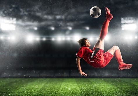 Soccer striker in red uniform hits the b... | Premium Photo #Freepik #photo #kick-ball #football-kick #football-soccer-futbol #soccer-football-futebol Soccer Images, Red Uniform, Football Background, Event Poster Template, Penalty Kick, Football Or Soccer, Football Tournament, Football Ball, Silhouette Illustration