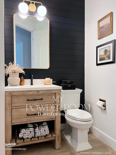 Powder Room Transformation// Our powder room is the smallest room in our entire home so I wanted to make sure to utilize every squ Powder Bathroom Ideas, Farmhouse Powder Room, Small Half Bathroom, Small Half Bath, Kid Bathroom, Half Bath Remodel, Half Bathroom Decor, Powder Room Remodel, Powder Room Design