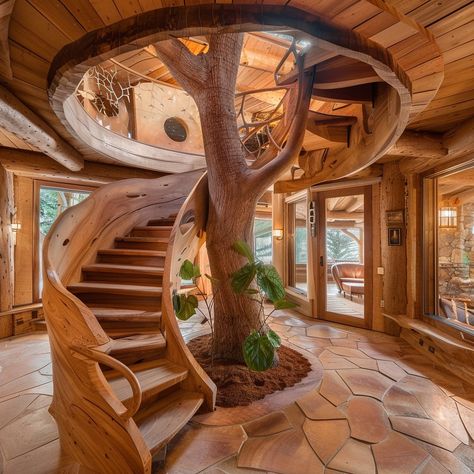 Step into a world of enchantment with our indoor spiral staircase, where each step winds around a living tree trunk. Crafted from rustic timber, this staircase brings the whimsy of a treehouse into your home, perfect for connecting levels or adding a touch of magic to any space. Conceptual AI Art Follow @ecosapiens for more! Live Edge Stairs, Log Cabin Mansions, Cabin Mansion, Wood Staircase, Wooden Log, Stair Case, Wood Stairs, Interior Stairs, Log Home