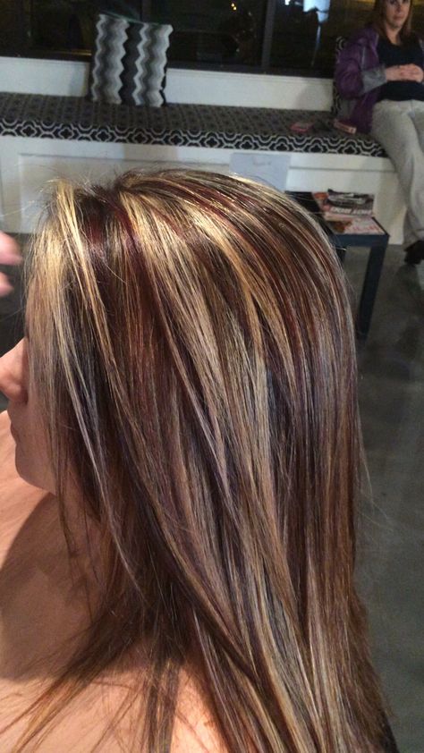 Red lowlights. Brown lights. Blonde highlights #alloxi #kreationsbykatie Red Lowlights, Hair Highlights And Lowlights, Light Blonde Highlights, Hair Color Highlights, Brown Blonde Hair, Hair Color And Cut, Fall Hair Color, Light Brown Hair, Brown Hair Colors