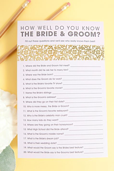 Free Printable How Well Do You Know The Bride and Groom Game Shower Images, Reception Bride, Couples Bridal Shower, Couple Wedding Shower, Printable Bridal Shower Games, Wedding Shower Games, Bachelorette Party Games, Future Mrs, Wedding Games