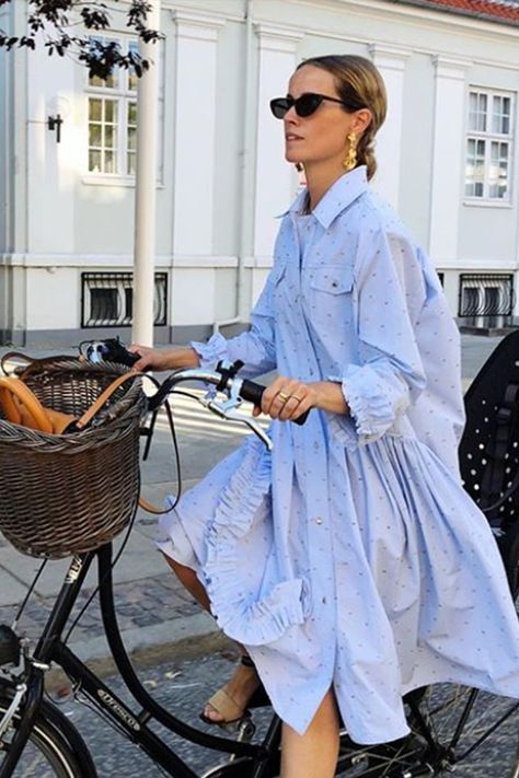 Copenhagen fashion week street style: Cecilie Thorsmark wears Brogger dress Copenhagen Fashion Week Street Style, Copenhagen Fashion, Blue Shirt Dress, Copenhagen Fashion Week, Street Style Trends, Summer Fashion Trends, Street Style Inspiration, Fashion Week Street Style, Edgy Outfits