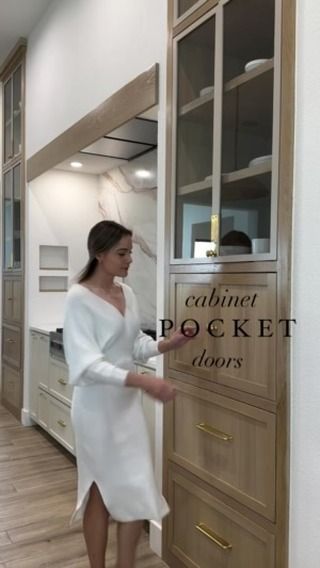 The Design Quad on Instagram: "White Oak and Pocket Doors 🚪 🥰 Be still our hearts ❤️ 

#whiteoak #pocketdoors #carpentry #interiordesign #homeinspo #homeinspiration #newconstruction #transitionaldesign #moderndesign #neutralhome #pinterestinspired #cabinetry" Door In Kitchen, Double Pocket Doors, Pocket Door, Instagram White, Pocket Doors, Transitional Design, Kitchen Cabinet, White Oak, Carpentry