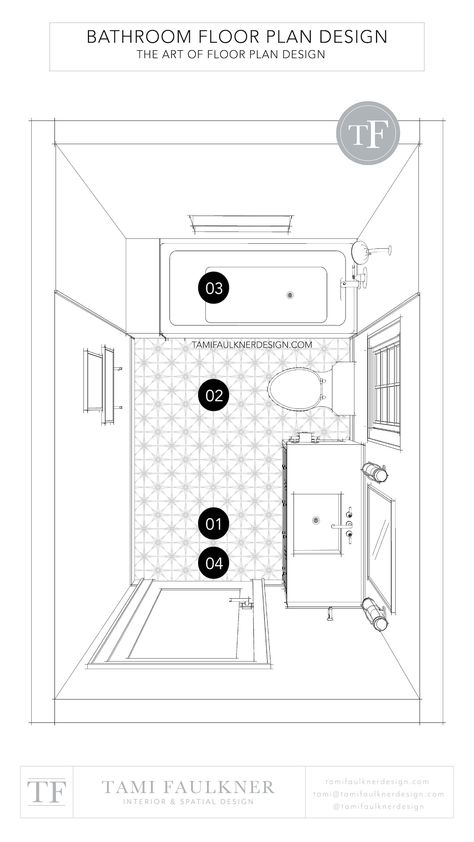 DESIGNING A BATHROOM FLOOR PLAN - A SIMPLE GUIDE TO AN EFFORTLESS LAYOUT — Tami Faulkner Design | Custom Floor Plans, Spatial and Interior Design Services in person and online Small Master Bath Layout Floor Plans, Full Bathroom Layout, 5x8 Bathroom Layout Interior Design, Floor Plan Bathroom, Layout Bathroom, Bathroom Layout Ideas Floor Plans 8x10, Small Bathroom Layout Floor Plans 5x8, 8x11 Bathroom Layout, 7x13 Bathroom Layout