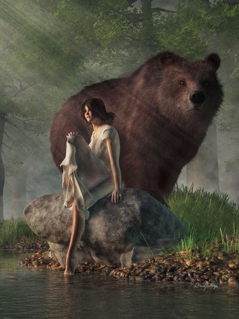 Daniel Eskridge | Bear Dream Forest Pond, Bear Spirit Animal, Bear Shifter, Fantasy Story Ideas, White Nightgown, Spirit Bear, Bear Paintings, Native American Pictures, Bear Drawing