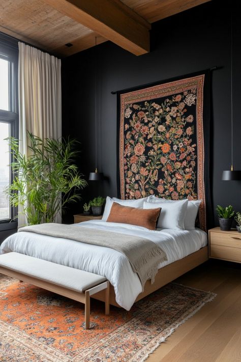 If you want a stylish, cozy dark feminine bedroom, these examples and decor tips will help you get there without fuss! Black And Brown Furniture Bedroom, Moody Scandinavian Bedroom, Relaxing Guest Bedroom Ideas, Dark Bedding Aesthetic, Studio Bedroom Ideas, Feminine Bedrooms, Sensual Bedroom, Dark Feminine Bedroom, Minimalism Bedroom