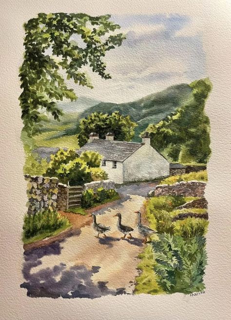 Storybook Art, Farm Art, Cottage Art, Watercolor Inspiration, Art Inspiration Painting, Dreamy Art, Gorgeous Art, Sunny Day, Original Watercolor Painting