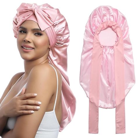 AWAYTR Long Satin Bonnet for Women - Double Layer Elastic Silk Bonnet for Braids Hair Sleeping Cap with Tie Band (Pink) Sleeping Cap, Silk Bonnet, Hair Secrets, Satin Bonnet, Long Hair Color, Braids Hair, Woman Suit Fashion, Beauty Wellness, Pant Shirt