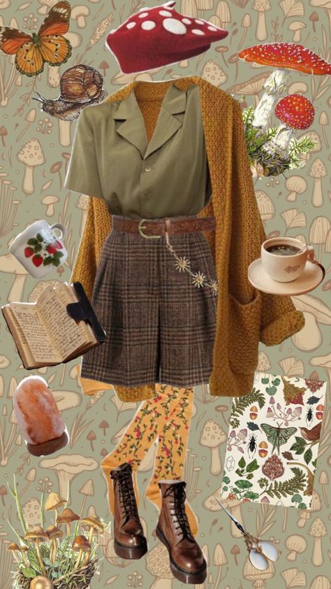 Mushroom Beret Outfit, Goblincore Work Outfits, Mushroomcore Aesthetic Outfits, Forest Acedamia Outfits, Goblincore Business Casual, Goblincore Lookbook, Fall Goblincore Outfits, Forest Academia Aesthetic Outfits, Mosscore Aesthetic Outfit