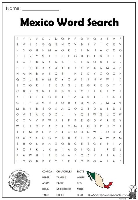 nice Mexico Word Search Mexico Worksheets For Kids, Mexico Activities For Kids, Mexico Geography, Spanish Word Search, Mexican Words, Word Search Puzzles Printables, Free Printable Word Searches, Nursing Home Activities, Spanish Curriculum