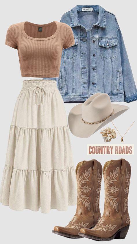 How To Style Brown Cowgirl Boots, Country Outfits Modest, Cowgirl Outfit With Skirt, Country Cottagecore Outfit, Conservative Country Outfits, Modest Western Outfits Summer, Southern Outfits Women Classy, Modest Outfits With Cowgirl Boots, Cottagecore Western Outfits