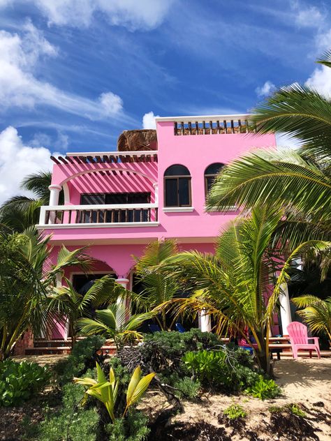 Talum Mexico, Pink Cabana Palm Springs, Pink House Mexico, Pink Beach Bahamas, Barbie Malibu Dream House Airbnb, Pink Beach House, Pink Palm Tree Bedding, Villa Inspiration, Miami Beach House