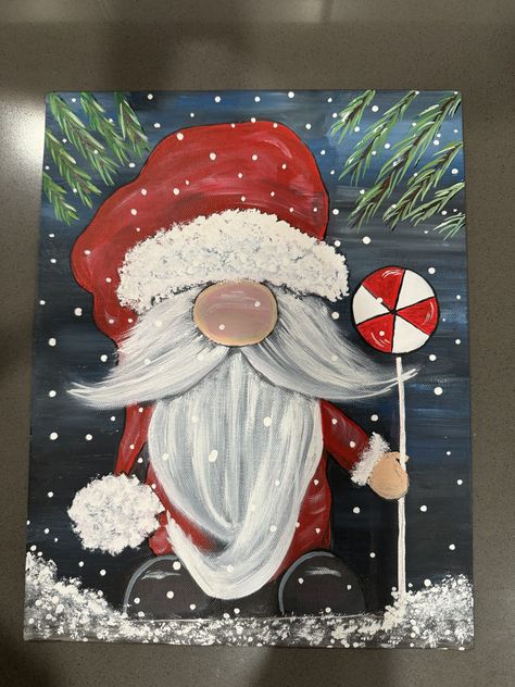 Christmas Gnomes Painting, Gnome Wall Hanging, Painted Gnomes, Clothespin Crafts Christmas, Gnome Paint, Farmhouse Paintings, Christmas Paintings On Canvas, Packing Paper, Snowy Christmas