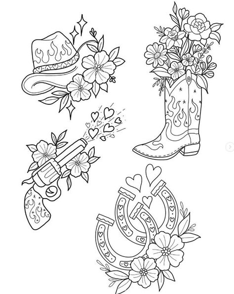 May Inspired Tattoos, Western Country Tattoo, Western Flash Tattoo Sheet, Western Tattoo Drawings, Western Woodburning Ideas, Cowgirl Flash Tattoo, Matching Western Tattoos Couples, Country Tats, Cute Tattoo Stencils