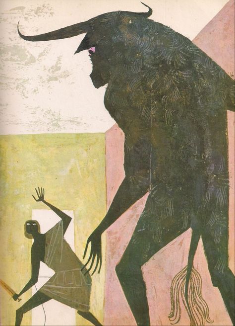 Martin Provensen, Alice Martin, The Minotaur, Greek Mythology Art, Picture Books Illustration, Mythology Art, Greek Art, Mid Century Art, Art Plastique