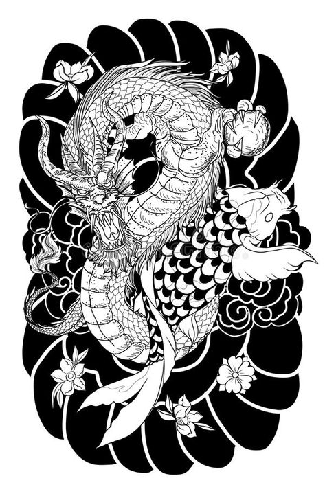 Japanese Background Tattoo, Dragon Koi Tattoo Design, Drawn Dragon, Dragon Koi Fish, Koi Dragon Tattoo, Japanese Koi Fish Tattoo, Koi Tattoo Sleeve, Background Tattoo, Koi Dragon