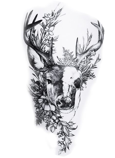 Womens Deer Tattoo, Animal Calf Tattoo, Deer Tattoo With Flowers, Antler Back Tattoo, Feminine Hunting Tattoos, Antler Collar Bone Tattoo, Antler Spine Tattoo, Hunting Tattoos For Women, Deer Antler Tattoo With Flowers