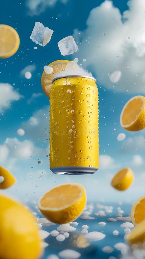 Blank yellow drink-can, clouds, lemon stock illustration Drink Creative Ads, Drink Social Media Design, Lemonade Advertisement, Lemon Graphic Design, Lemon Drop Drink, Yellow Sticky Notes, Doodles Ideas, Photoshop Lessons, Abstract Animal Art