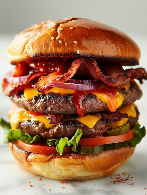 Juicy Double Bacon Cheeseburger Delight Burger Pictures, Double Bacon Cheeseburger, Cheese Restaurant, Spicy Burger, Slider Sandwiches, Double Cheeseburger, Mushroom Burger, Burger Sliders, Bacon Burger