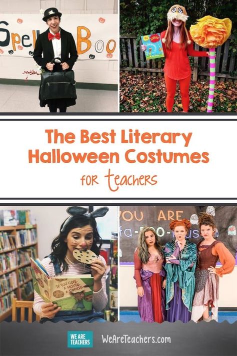 The Best Literary Halloween Costumes for Teachers. We love these literary Halloween costumes for teachers! From Elizabeth Bennet to The Very Hungry Caterpillar, you'll find ideas for every grade level. #halloween #teachers #teacherlife Library Costumes Halloween, Fairy Tale Costumes For Teachers, Book Character Dress Up For Teachers Storybook Characters, Teacher And Aide Halloween Costumes, Storybook Group Costumes, Literacy Week Costumes, Cheap Teacher Halloween Costumes, Holloween Costume Ideas For Teacher, Book O Ween Teacher Costumes