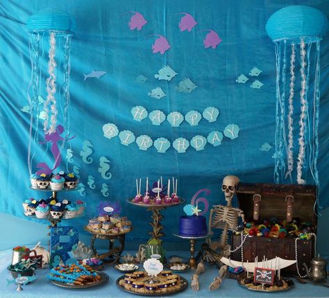 Pirates and Mermaids Birthday Party Ideas | Photo 38 of 43 Kennys Birthday, Mermaid Or Pirate Gender Reveal, Pirates And Mermaids Birthday Party, Pirates And Mermaids, Mermaids Birthday Party, Halloween Pirates, Pirate Mermaid, Mermaid Pirate, Pirate Party Decorations