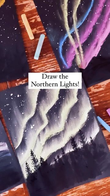 Chalk Northern Lights, Northern Lights Chalk Art For Kids, Northern Lights Chalk Art, Oil Pastel Art Black Paper, Chalk Drawings On Paper, Northern Lights Art Lesson, Northern Lights Drawing, Northern Lights Art Project, Chalk Pastel Art Ideas