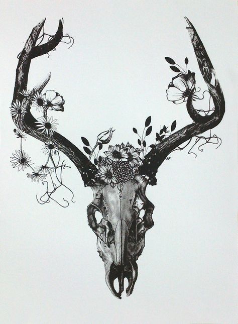 Deer Skull Tattoos, Deer Tattoo Designs, Skull With Flowers, Tattoo Thigh, Deer Tattoo, Bow Tattoo, Deer Skull, Deer Skulls, Feather Tattoos