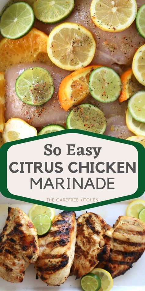 This Citrus Chicken Marinade is made with an amazing blend of herbs, spices and three citrus fruits that keeps chicken tender, juicy and full of flavor.  You can grill, oven-bake or even stir fry your marinated chicken for a super simple dinner any night of the week. Citrus Chicken Marinade, Super Simple Dinner, Lemon Chicken Marinade, Citrus Marinade, Chicken Marinade Recipes, Quick Chicken Recipes, Chicken Tender, Chicken Marinade, Simple Dinner