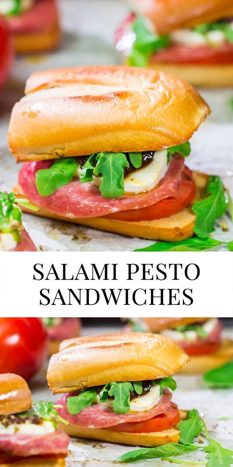 Layered with all sorts of delicious Italian ingredients, these Salami Pesto Sandwiches are packed with flavor! Salami Sandwich Recipes, Salami Sandwich, Hot Sandwich Recipes, Pesto Sandwich, Chewy Bread, Panini Sandwiches, Cold Sandwiches, Green Eating, Hot Sandwich