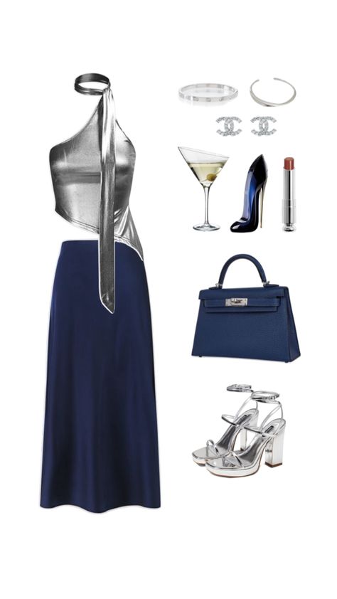 Elegant,navy blue,silver,outfit,outfit inspo,it girl Blue Elegant Outfit, Blue Silver Outfit, Silver Outfit, Silver Outfits, It Girl, Elegant Outfit, Blue And Silver, Christmas Party, Navy Blue